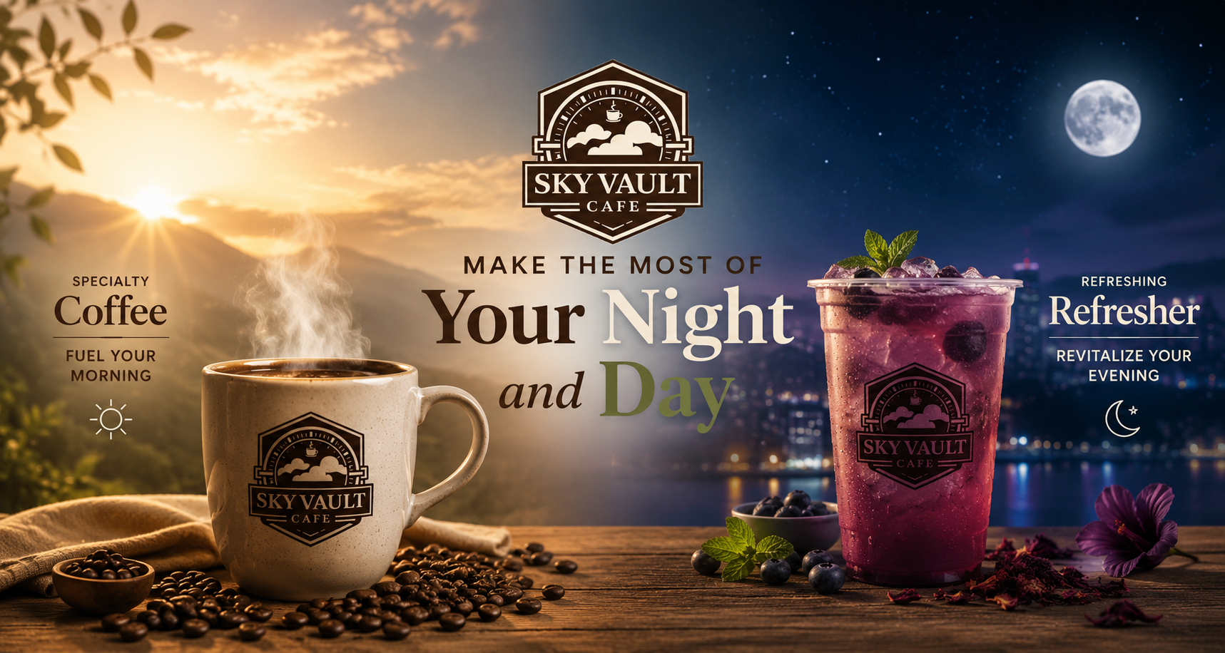 Sky Vault Café: morning coffee and an evening berry refresher beneath a day-to-night sky.
