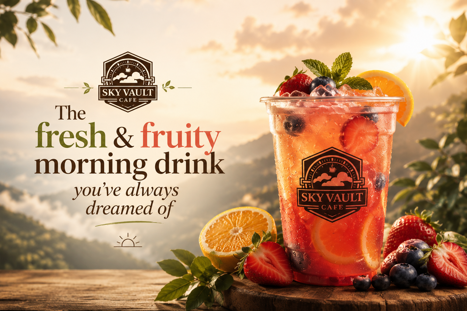 Sky Vault Café fresh and fruity morning drink with berries, citrus, and a warm sunrise.