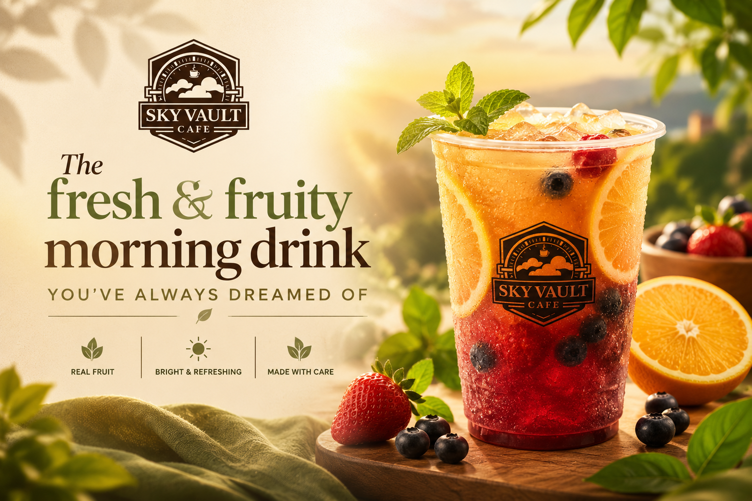 Sky Vault Café fruit refresher with citrus, berries, and mint in soft morning light.